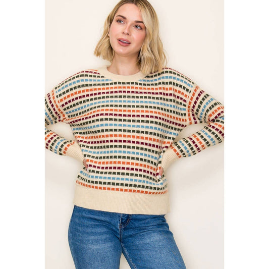 MULTI COLOR TEXTURE STRIPE CREW NECK