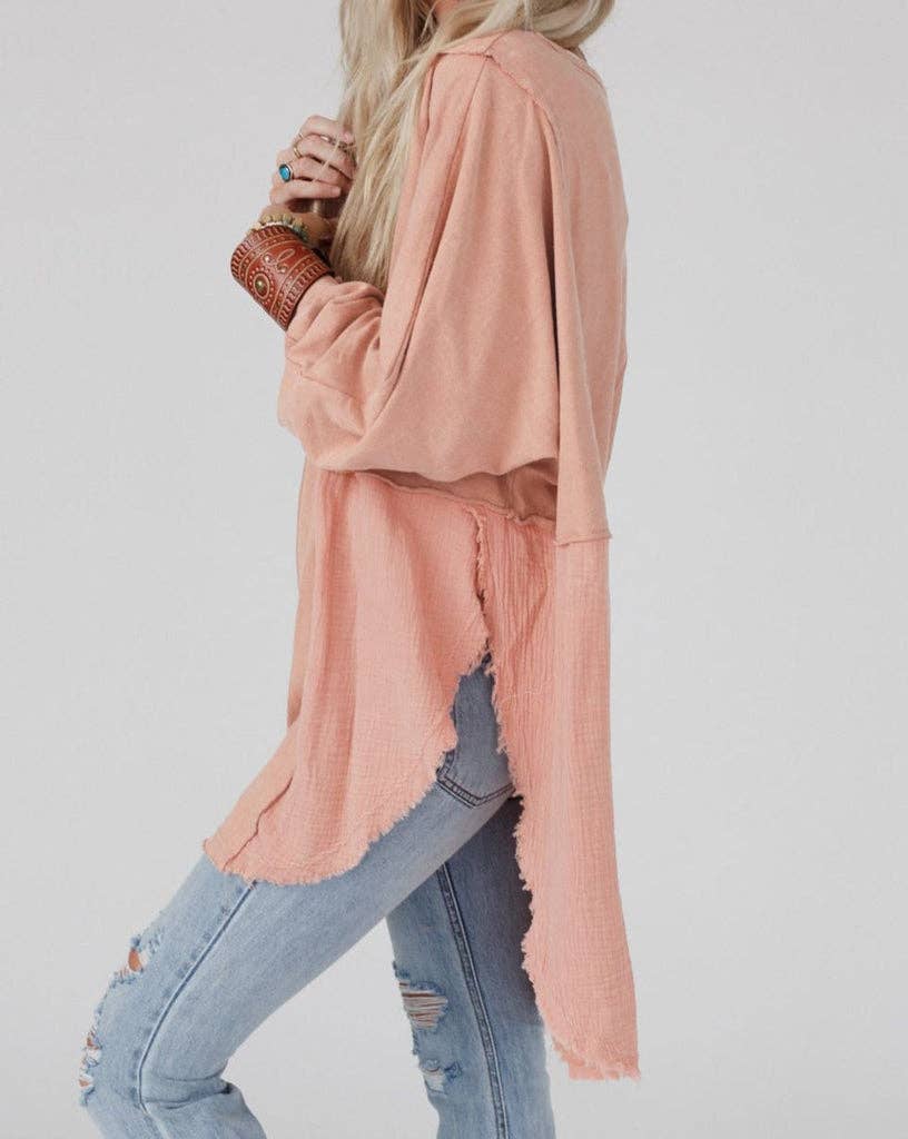 Crinkle Patchwork Raw Edge Blouse