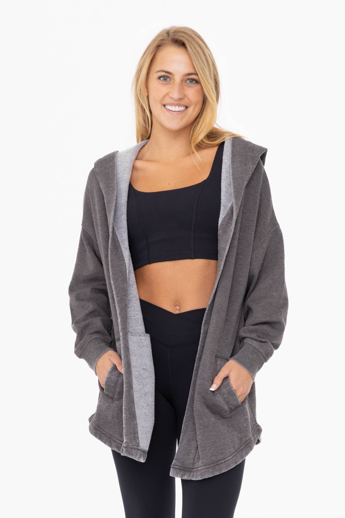 Mineral Washed Fleece Hooded Cardigan