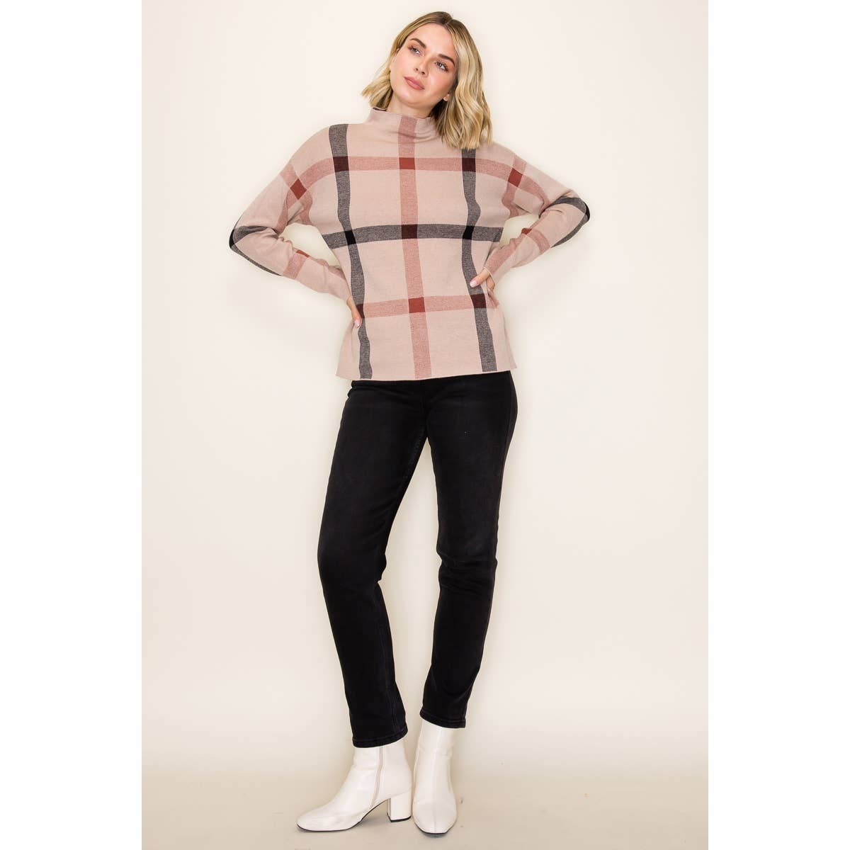 CHECKER JAQUARD MOCK NECK SWEATER