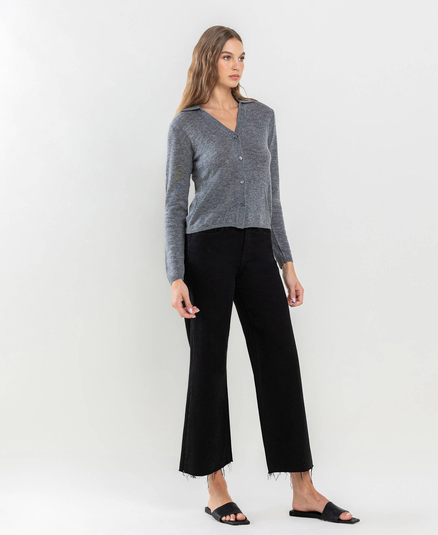 HIGH RISE RAW HEM CROP WIDE LEG JEANS LV1220BK