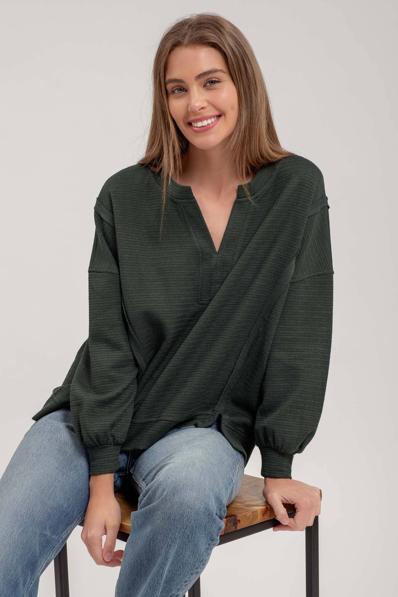 SPLIT NECK LONG SLEEVE KNIT TOP