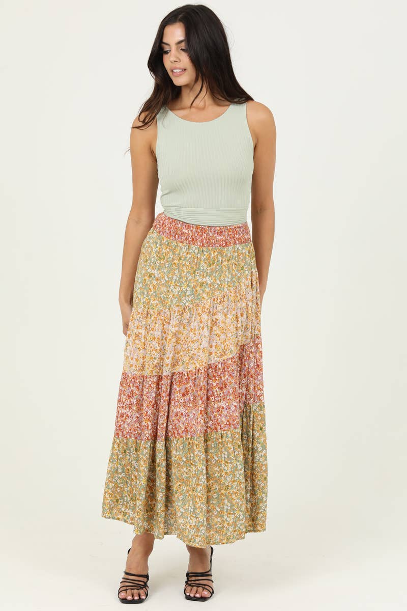 Tiered Mixed Print Maxi Skirt