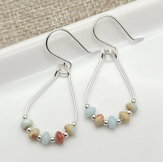 Light Blue Jasper and Silver Teardrop Hoop Earrings