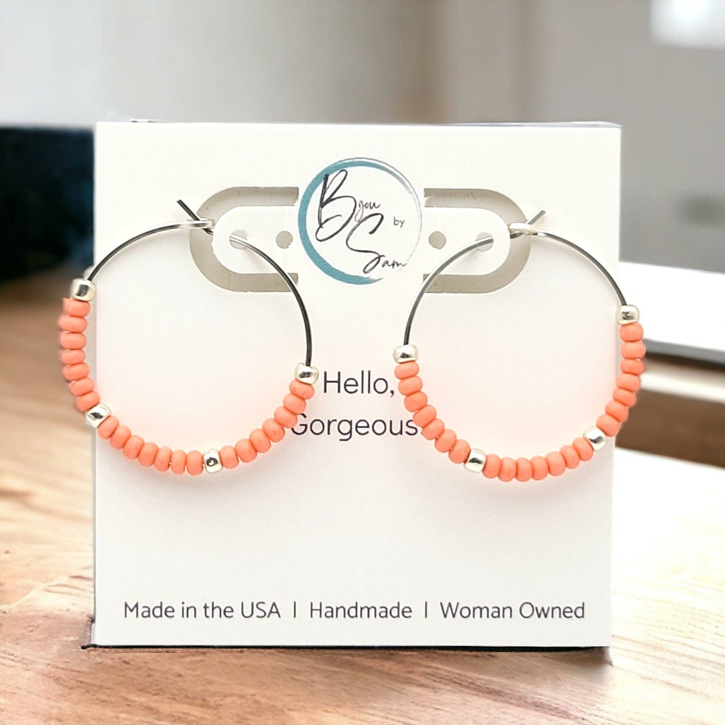 Silver Hoop Earrings with Coral Seed Beads