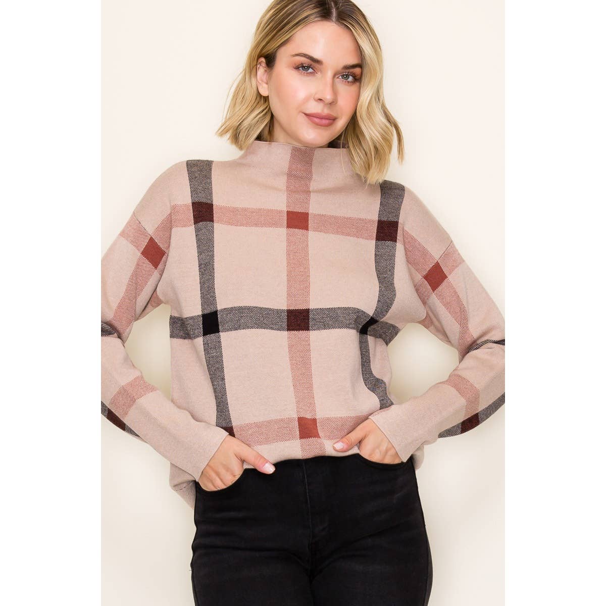 CHECKER JAQUARD MOCK NECK SWEATER