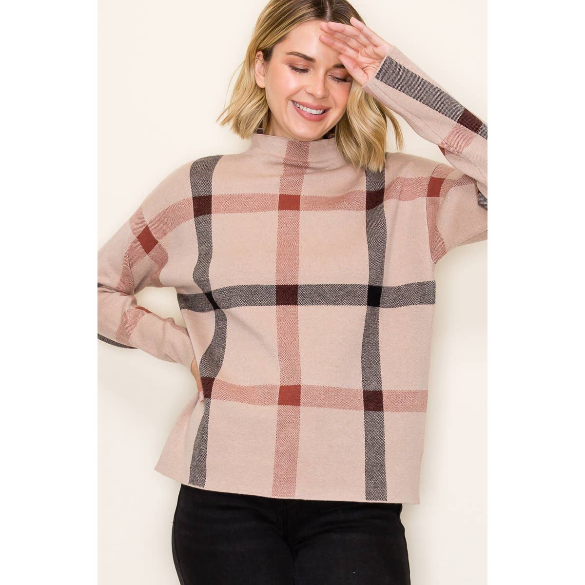 CHECKER JAQUARD MOCK NECK SWEATER