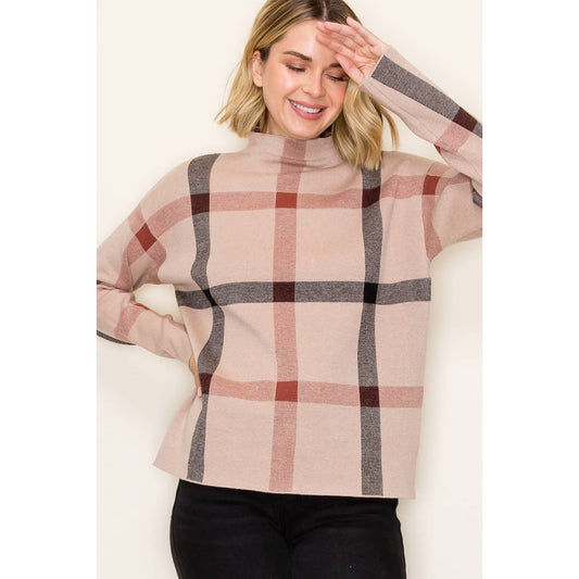 CHECKER JAQUARD MOCK NECK SWEATER