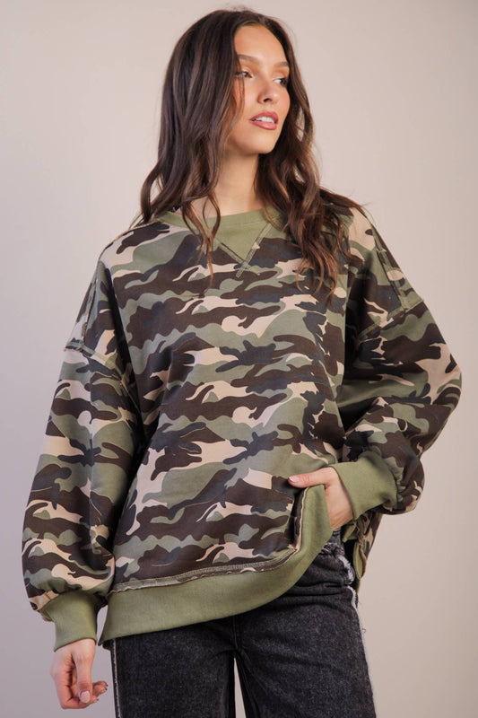 Camo Printed Knit Casual Top