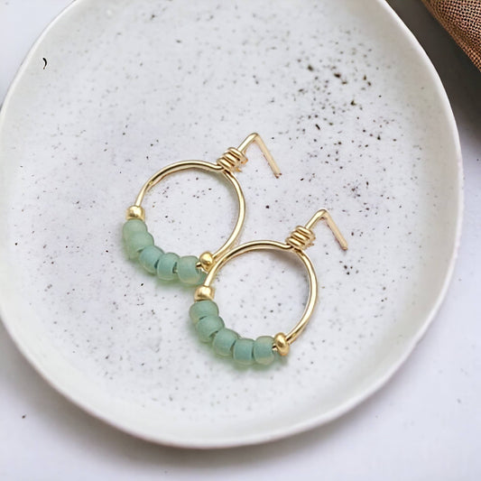 Gold & Sea Glass Hoop Stud Earrings - Spring Jewelry