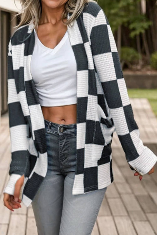 POP Checkered Pattern Open Front Knit  Cardigan | S-XL