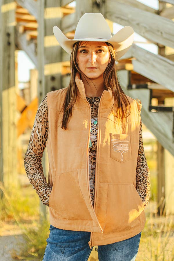 Camel Puffer W Aztec Lining Boot Stitch Detail Vest