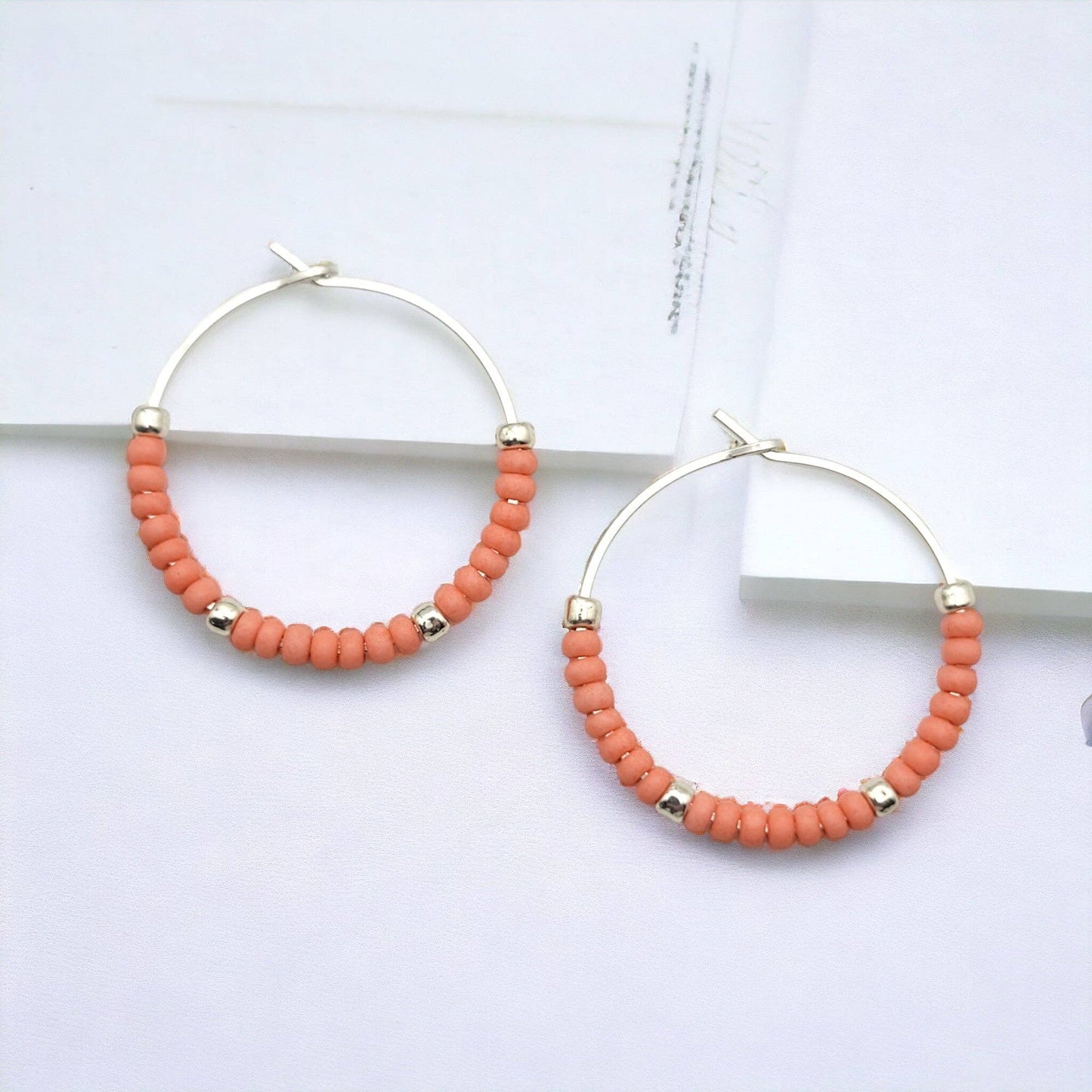 Silver Hoop Earrings with Coral Seed Beads