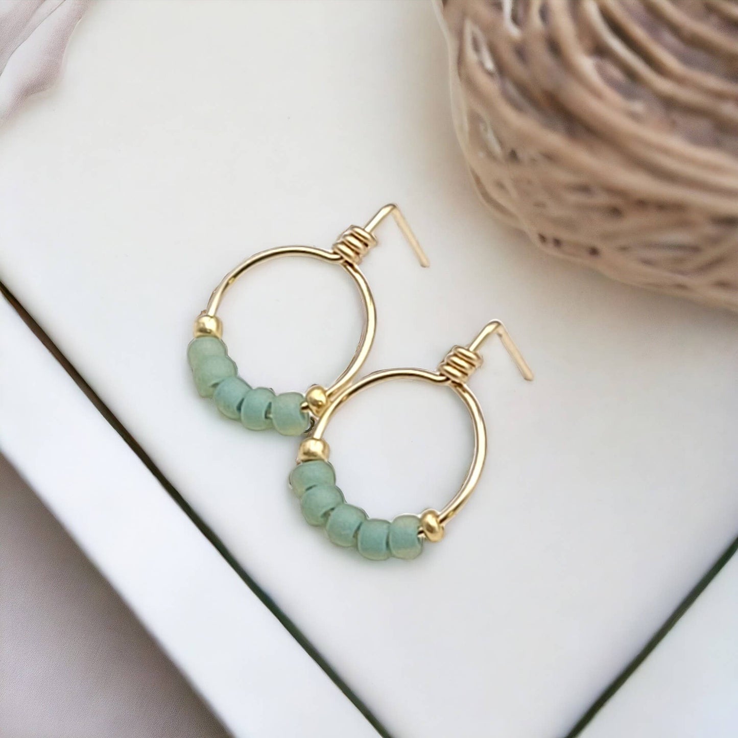 Gold & Sea Glass Hoop Stud Earrings - Spring Jewelry