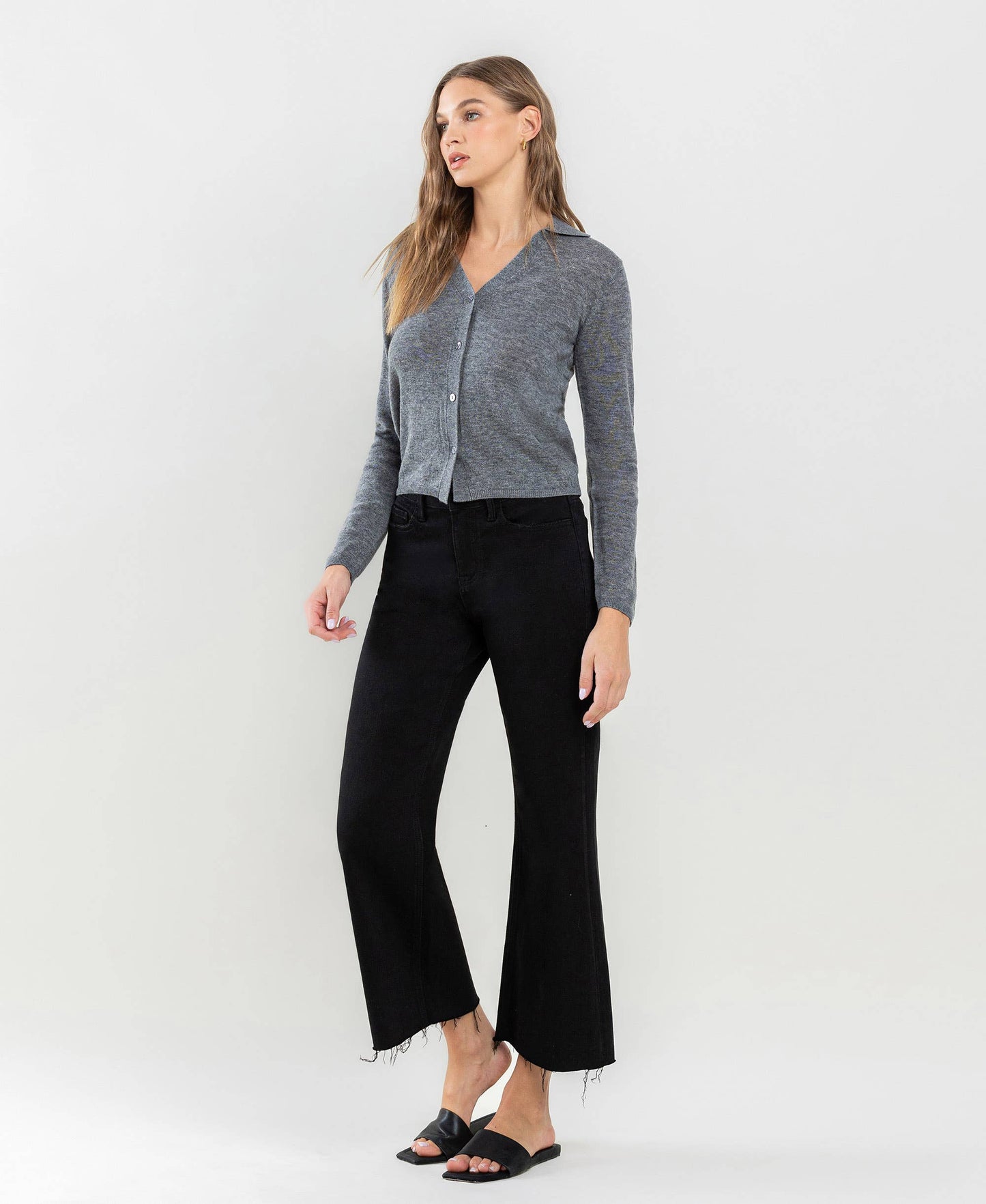 HIGH RISE RAW HEM CROP WIDE LEG JEANS LV1220BK