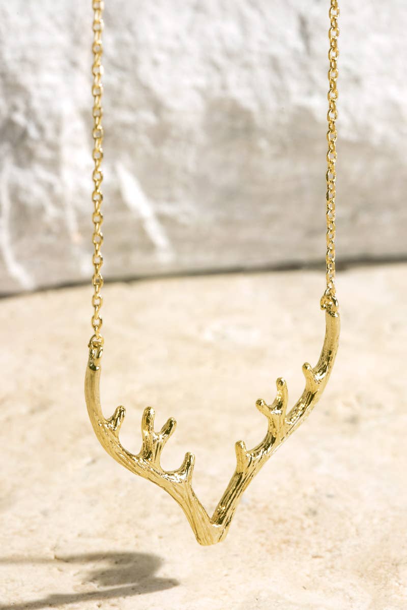Brass Textured Metal Antler Short Necklace