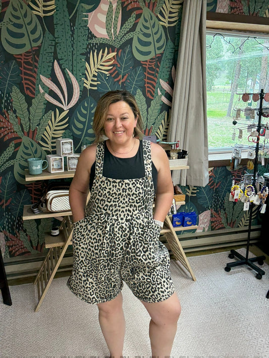 Leopard Print Tuck Detail Short Overall With Pockets