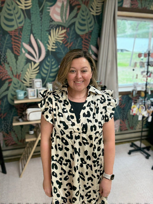 Leopard Woven Print Tiered Dress With Flutter Sleeve