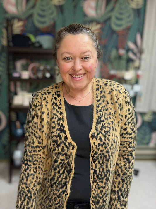 LEOPARD BUTTON DOWN KNIT CARDIGAN