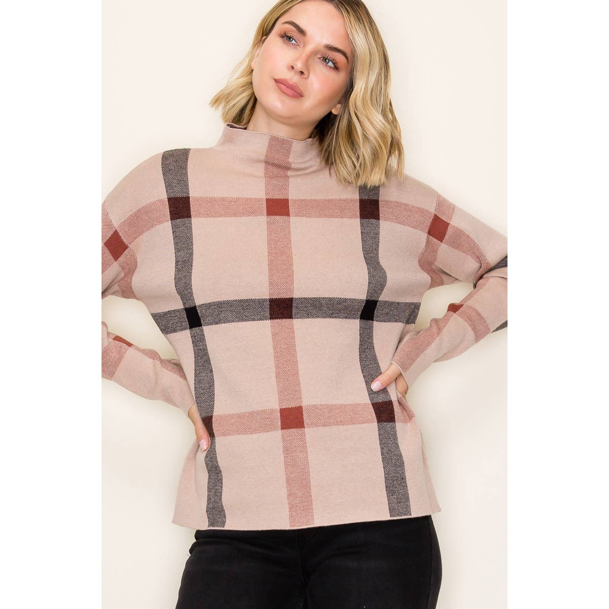 CHECKER JAQUARD MOCK NECK SWEATER