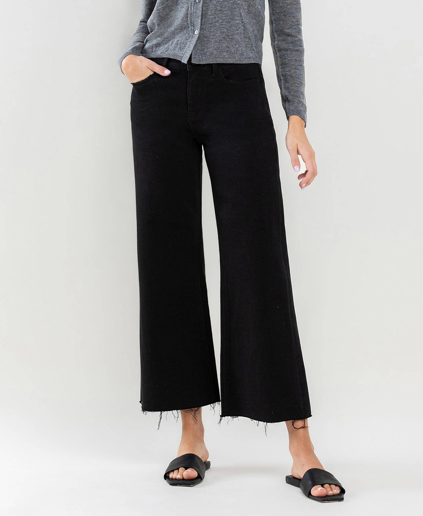 HIGH RISE RAW HEM CROP WIDE LEG JEANS LV1220BK