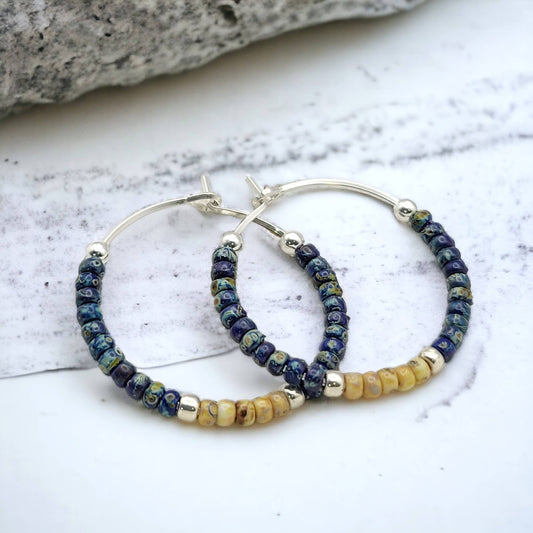 Blue Beaded Boho Silver Hoop Earrings