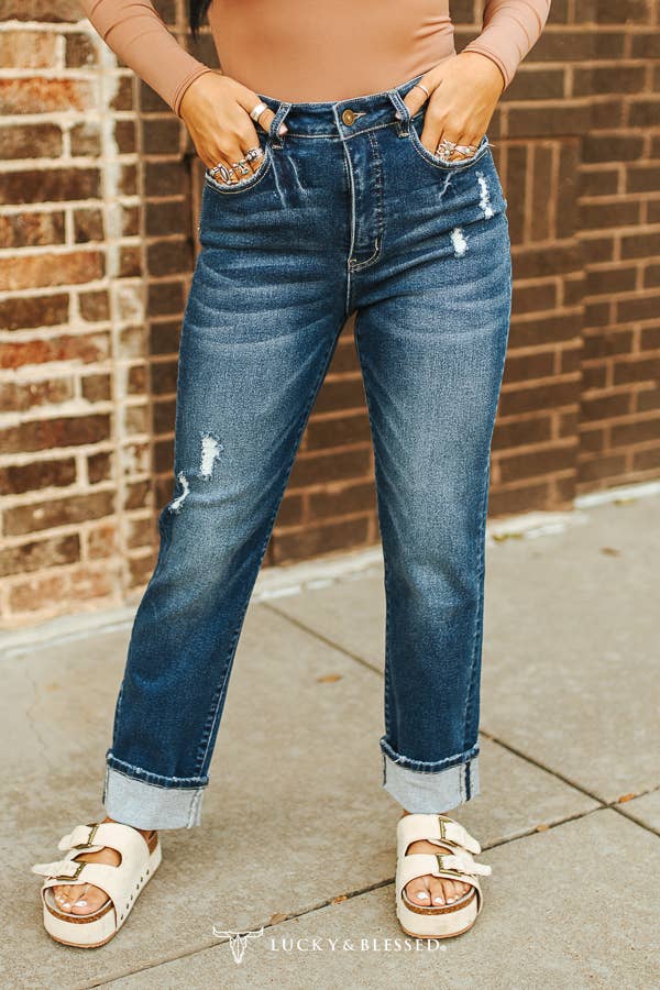 Plus Size Dark Wash Tummy Control Boyfriend Jeans