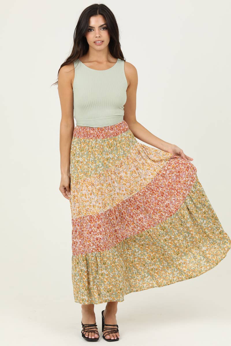 Tiered Mixed Print Maxi Skirt