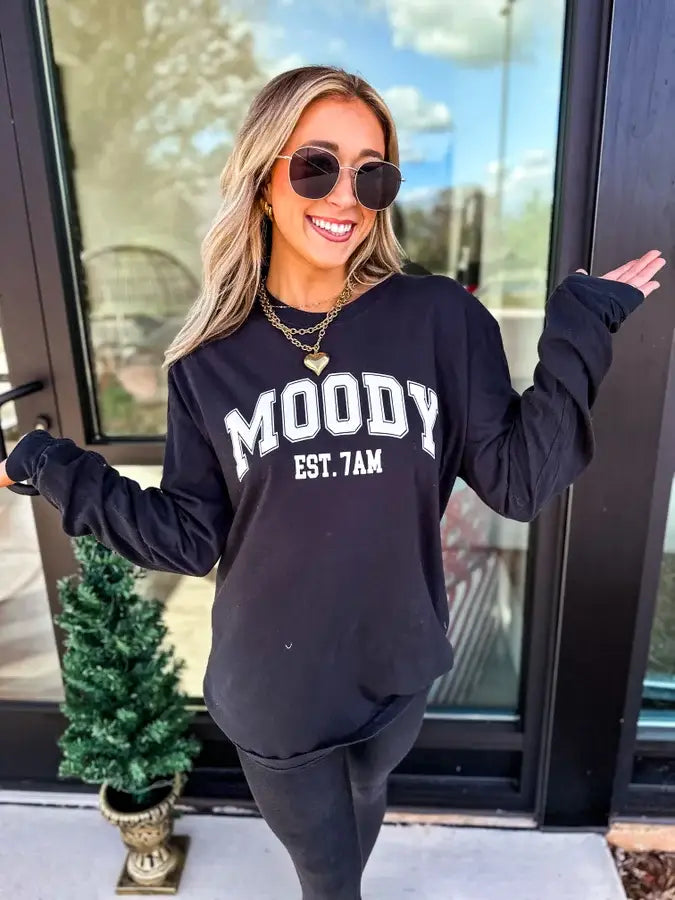 Moody Est 7a.m. Black Long Sleeve Graphic Tee