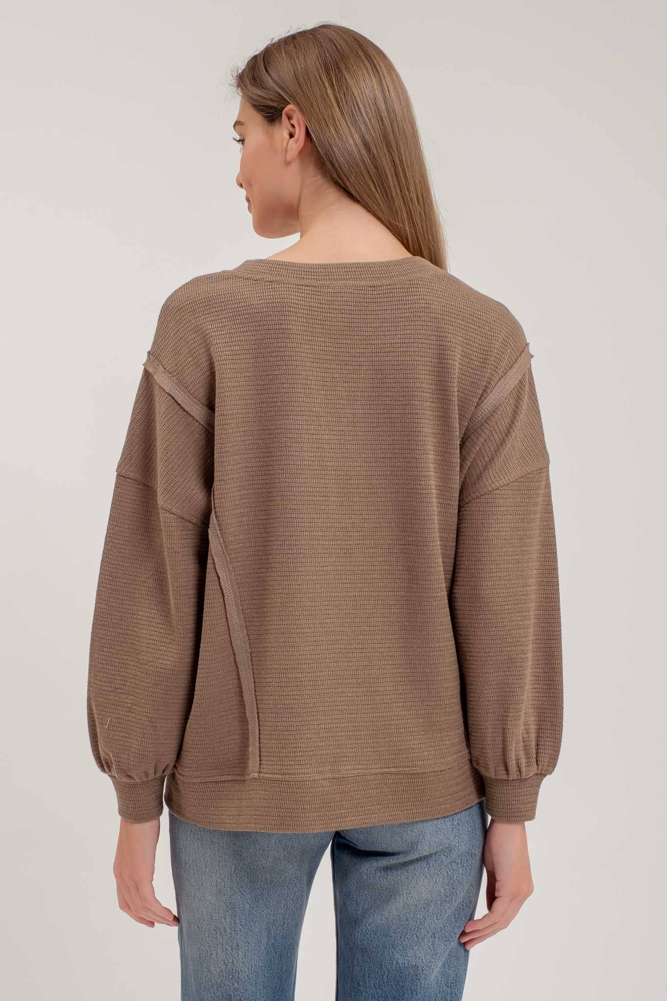 SPLIT NECK LONG SLEEVE KNIT TOP