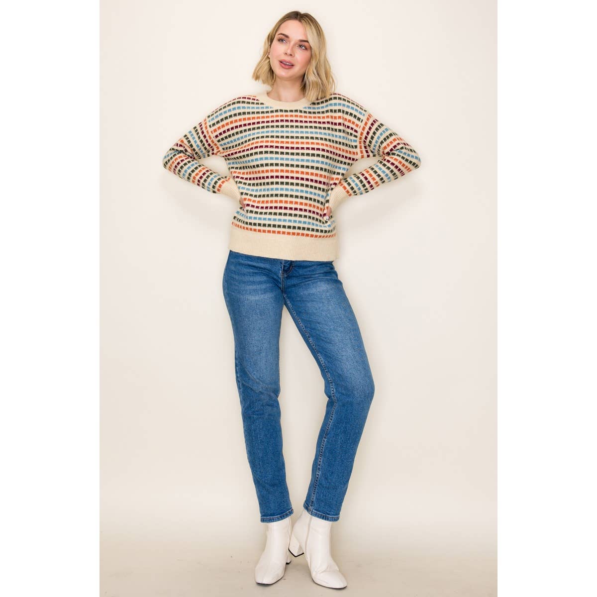 MULTI COLOR TEXTURE STRIPE CREW NECK