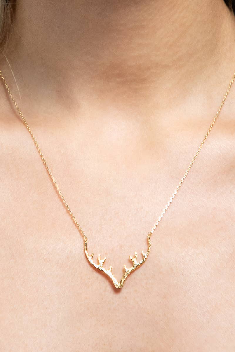 Brass Textured Metal Antler Short Necklace
