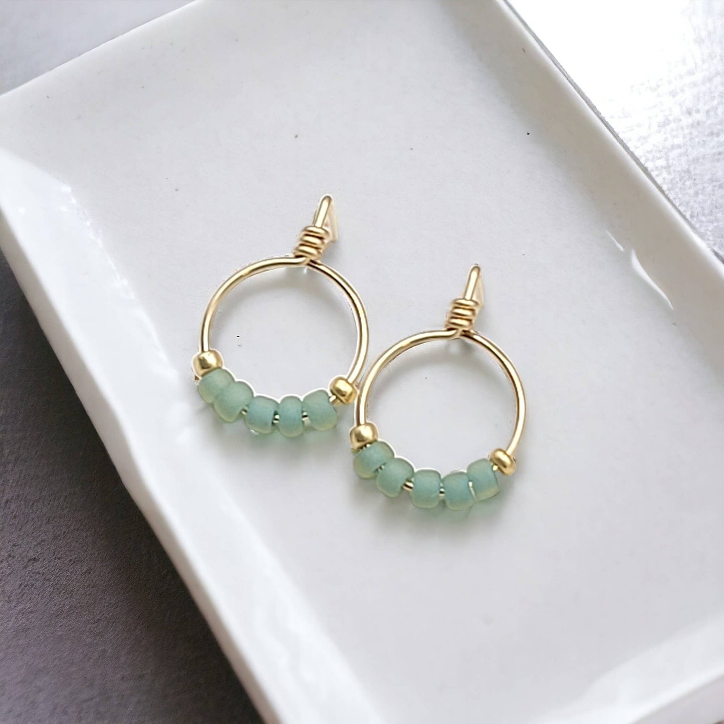 Gold & Sea Glass Hoop Stud Earrings - Spring Jewelry