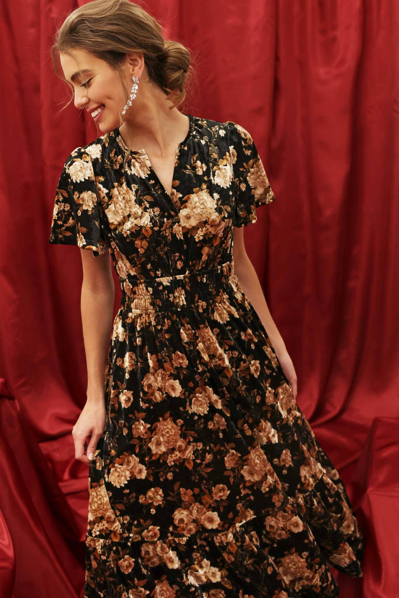 Velvet Floral Midi Dress