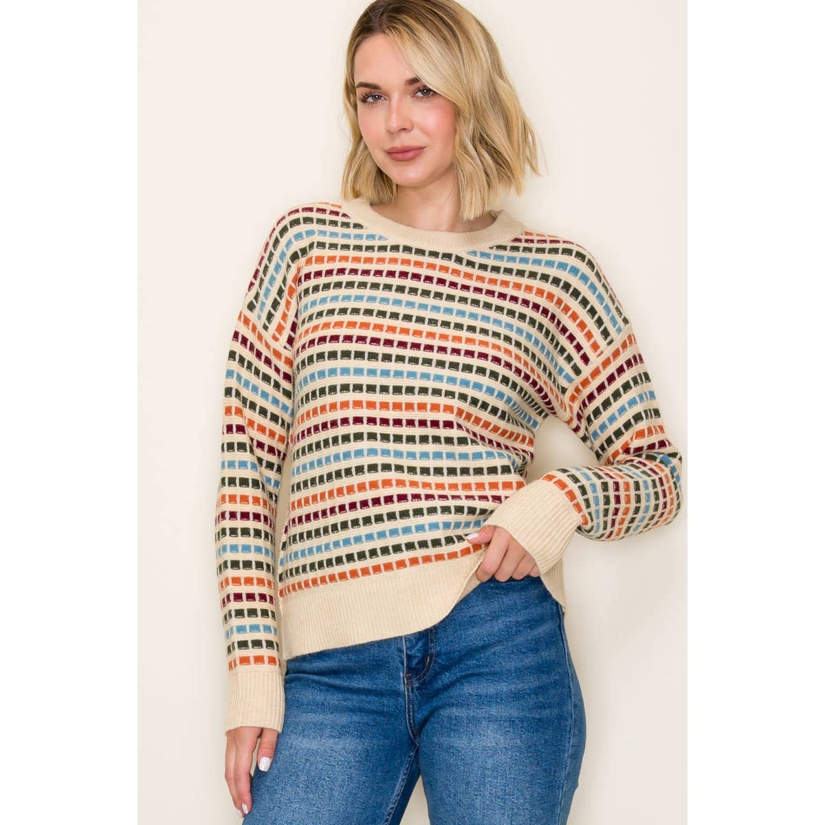MULTI COLOR TEXTURE STRIPE CREW NECK