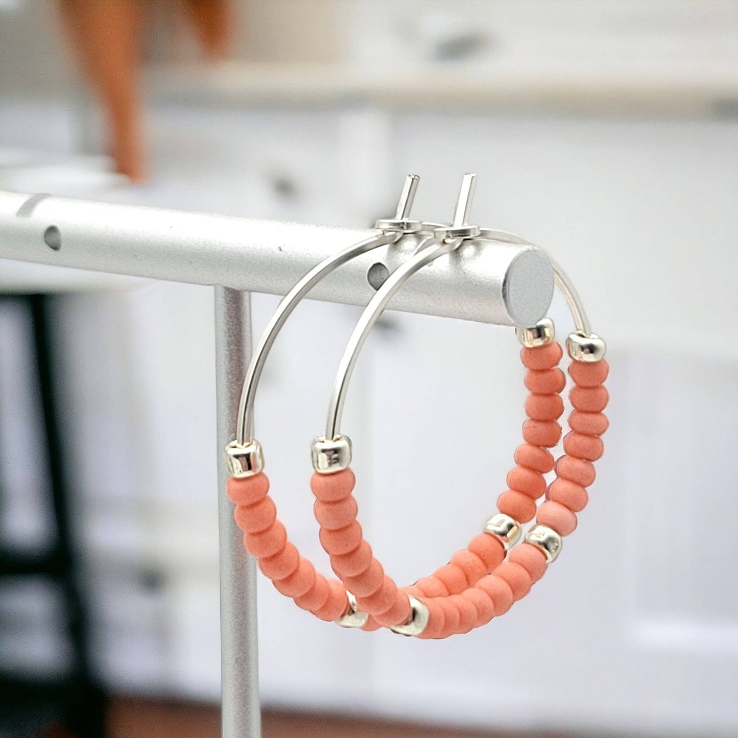 Silver Hoop Earrings with Coral Seed Beads