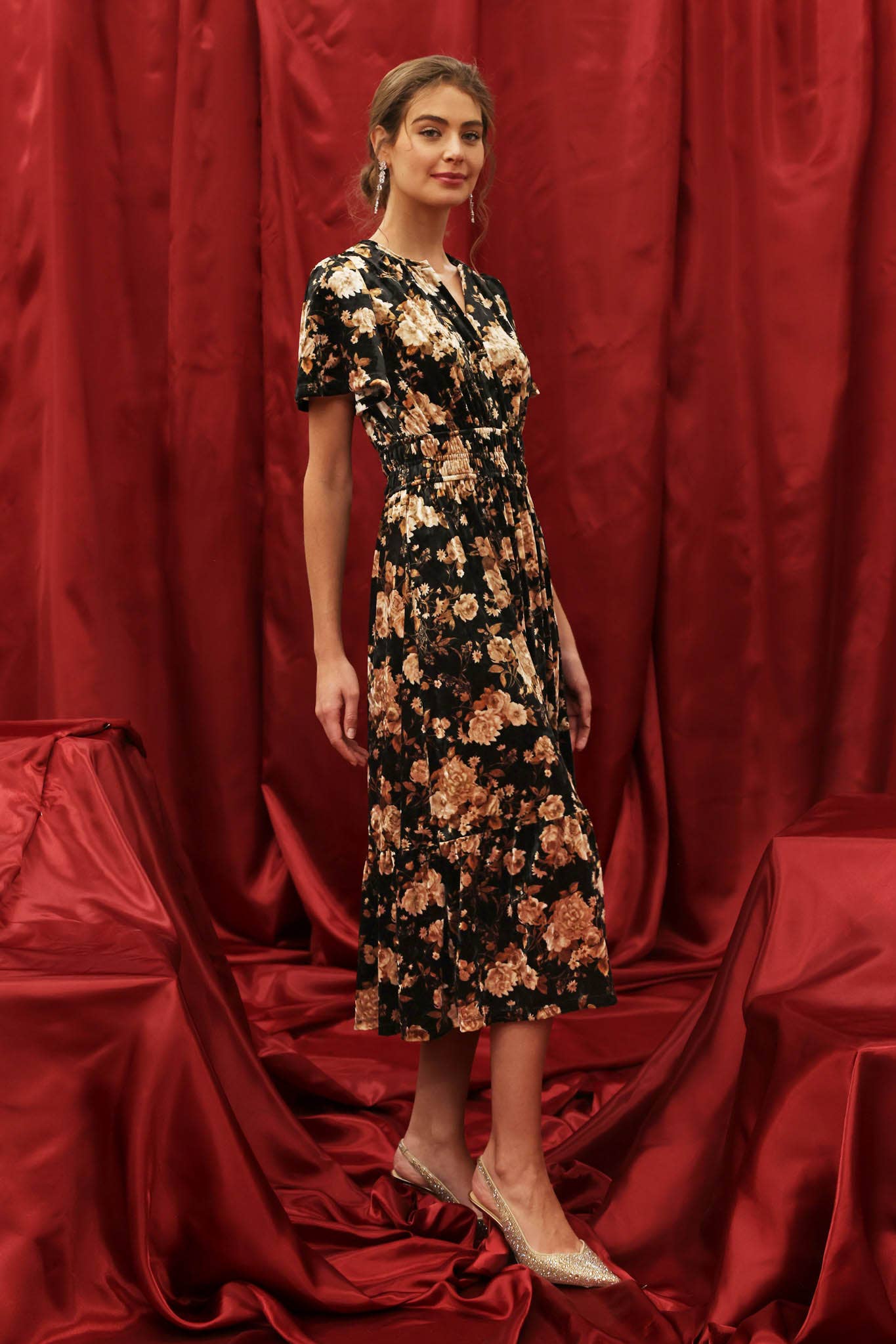 Velvet Floral Midi Dress